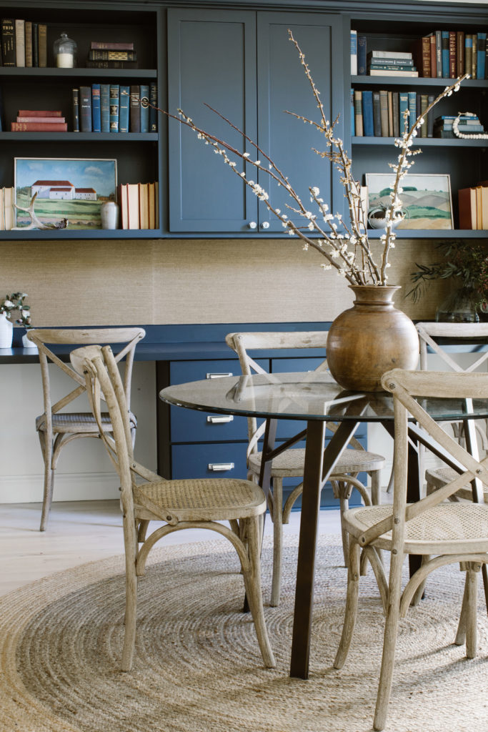 Glass breakfast table with navy built-in, double workstation