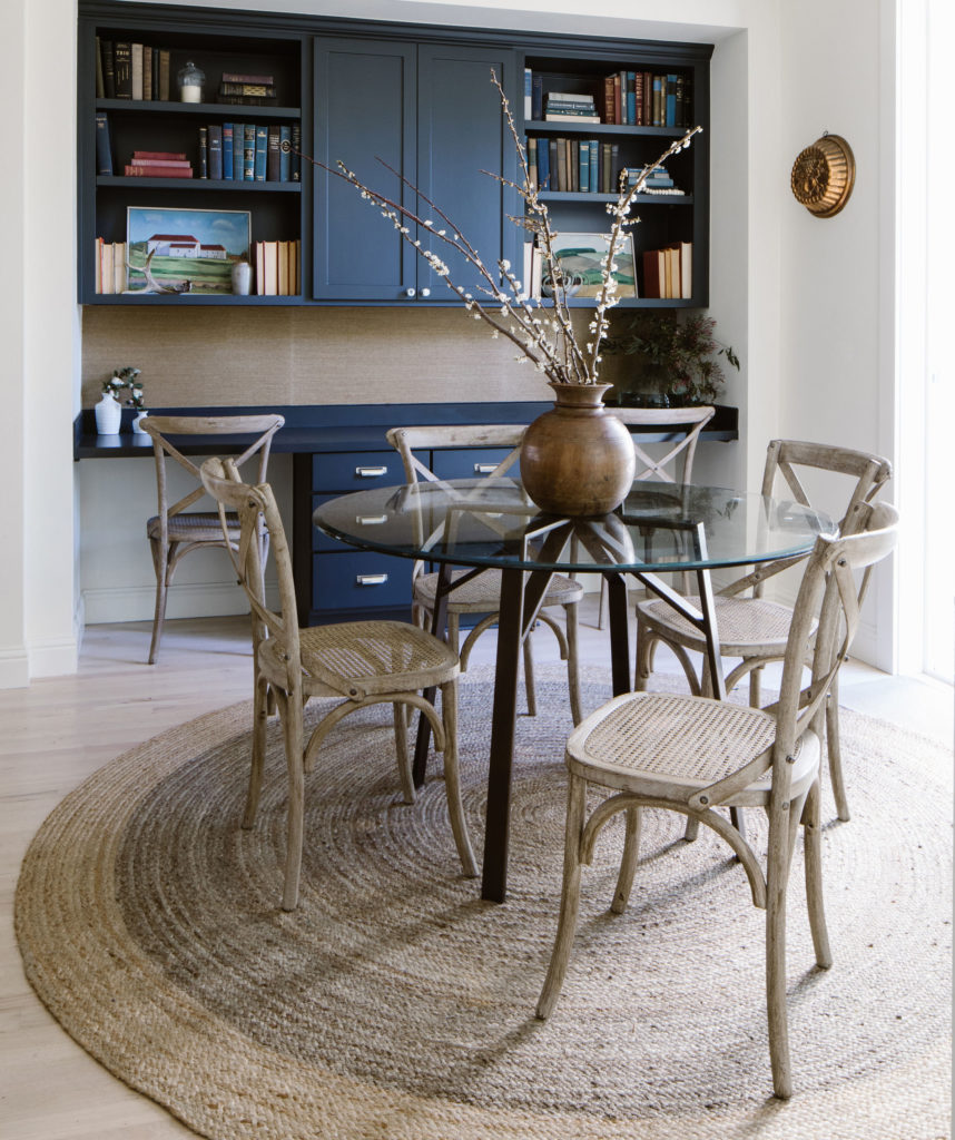 Glass breakfast table with navy built-in, double workstation