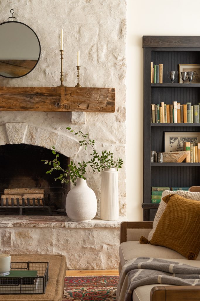 A cozy fireplace design in a Magnolia designed home.
